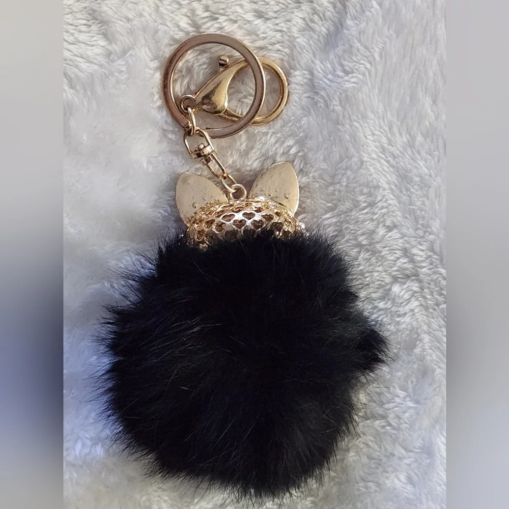 Black and Red Pom Pom Fox Keychain Bag Charm